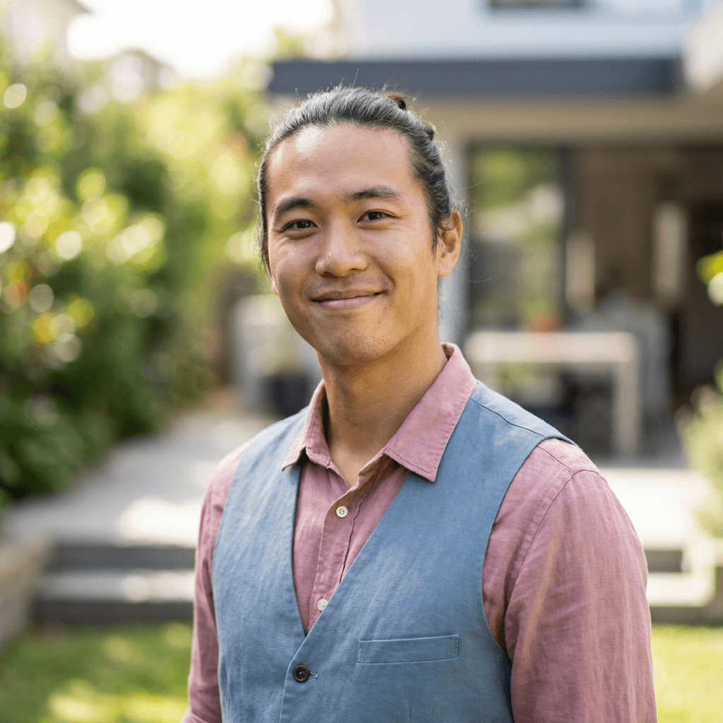 Robert Kim outside a townhouse