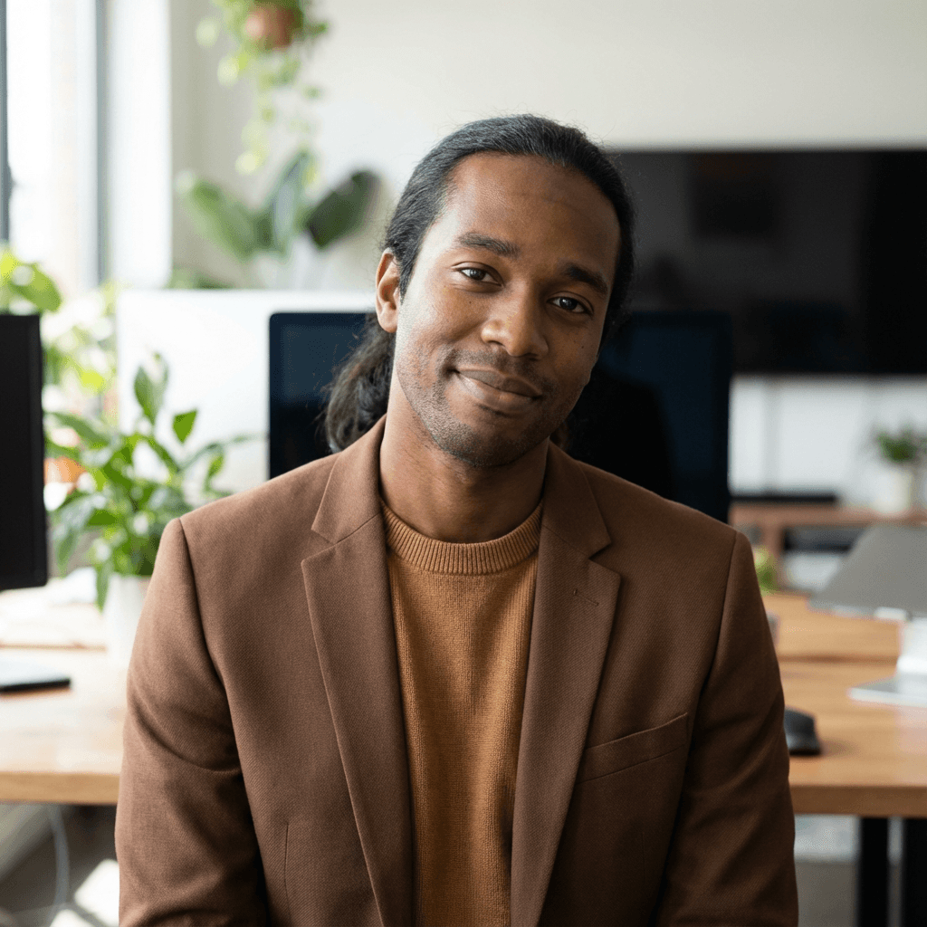 David Okafor in a dress shirt, reviewing plans in a renovated office