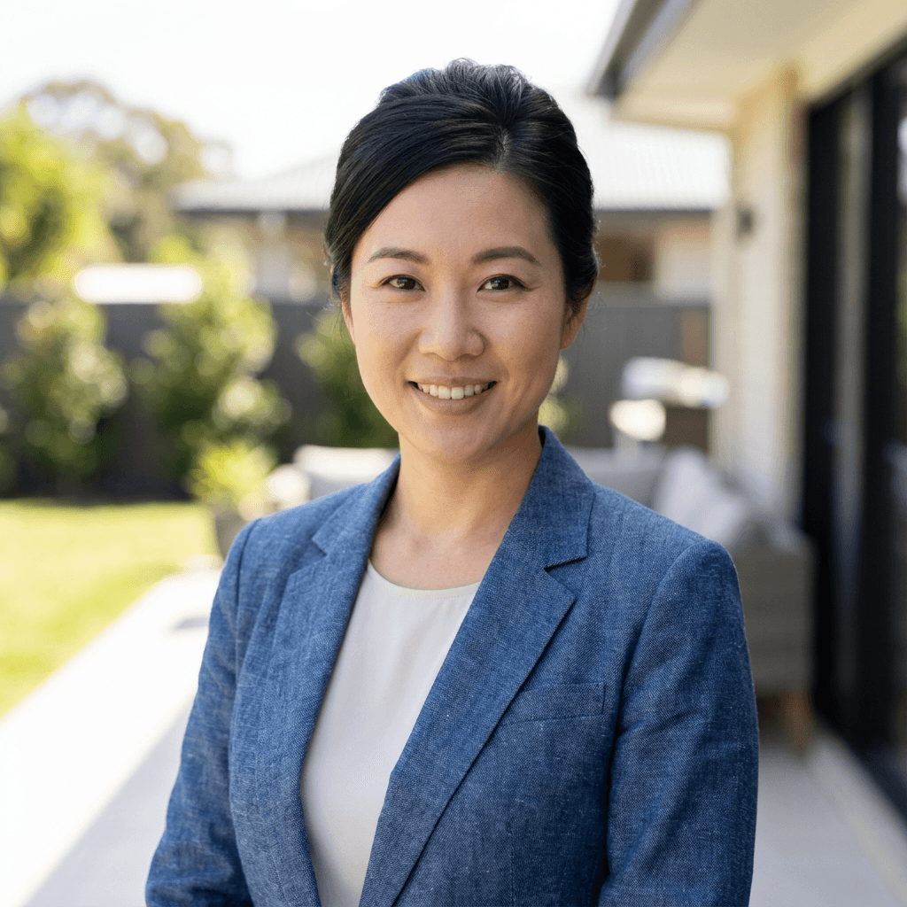 Amanda Liu in a blazer, standing in her renovated storefront