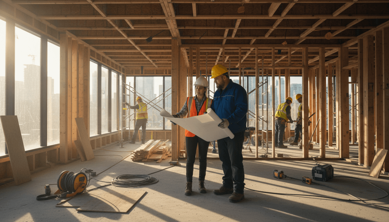 Construction project manager reviewing blueprints at a residential renovation site in Toronto