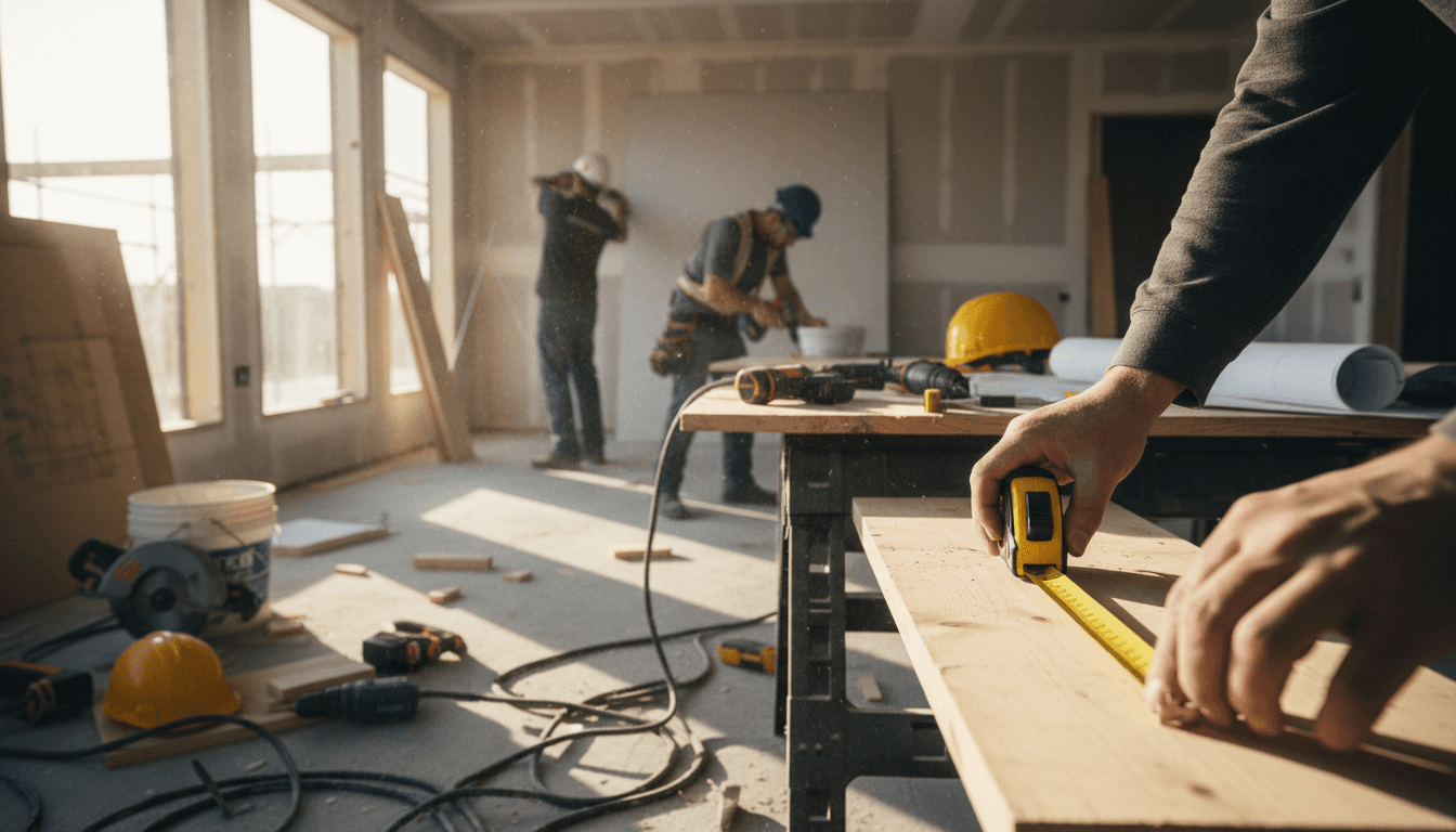Contractor reviewing renovation plans with a client on a Toronto construction site