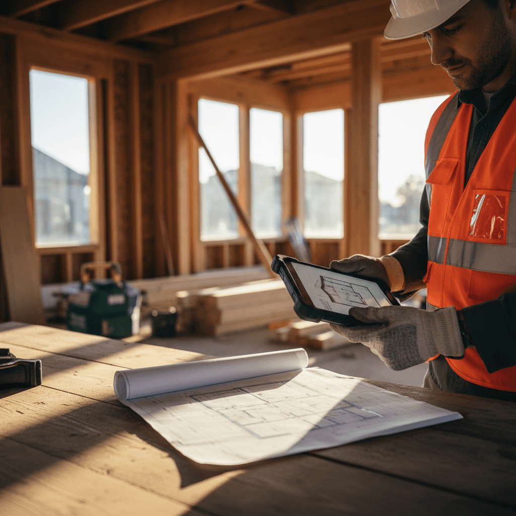 Project manager reviewing plans inside a renovated Toronto home